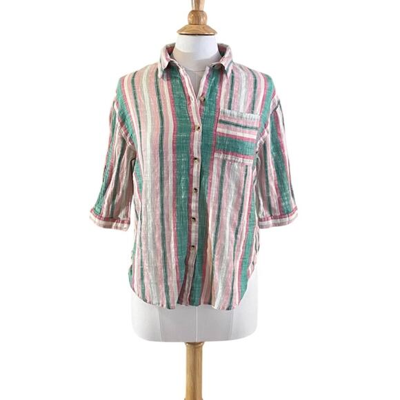 Unique Spectrum Cotton Pastel Striped 3/4 Sleeve Button Down Shirt, Pocket, S - Picture 1 of 13